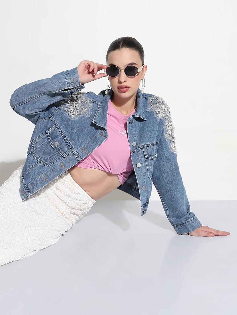 women embellished long sleeve crop denim jacket - 21979840 - Standard Image - 2