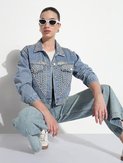 women embellished long sleeve crop denim jacket - 21979841 -  Standard Image - 0