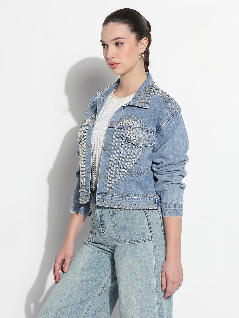 women embellished long sleeve crop denim jacket - 21979841 - Standard Image - 2