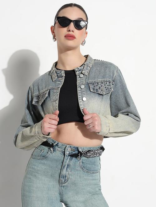 women ombre print long sleeve crop denim jacket - 21979842 - Standard Image - 0