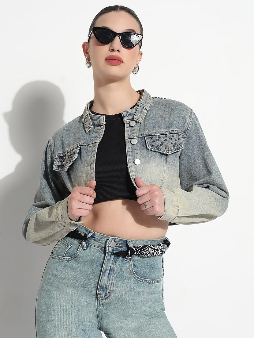 women ombre print long sleeve crop denim jacket - 21979842 - Zoom Image - 0