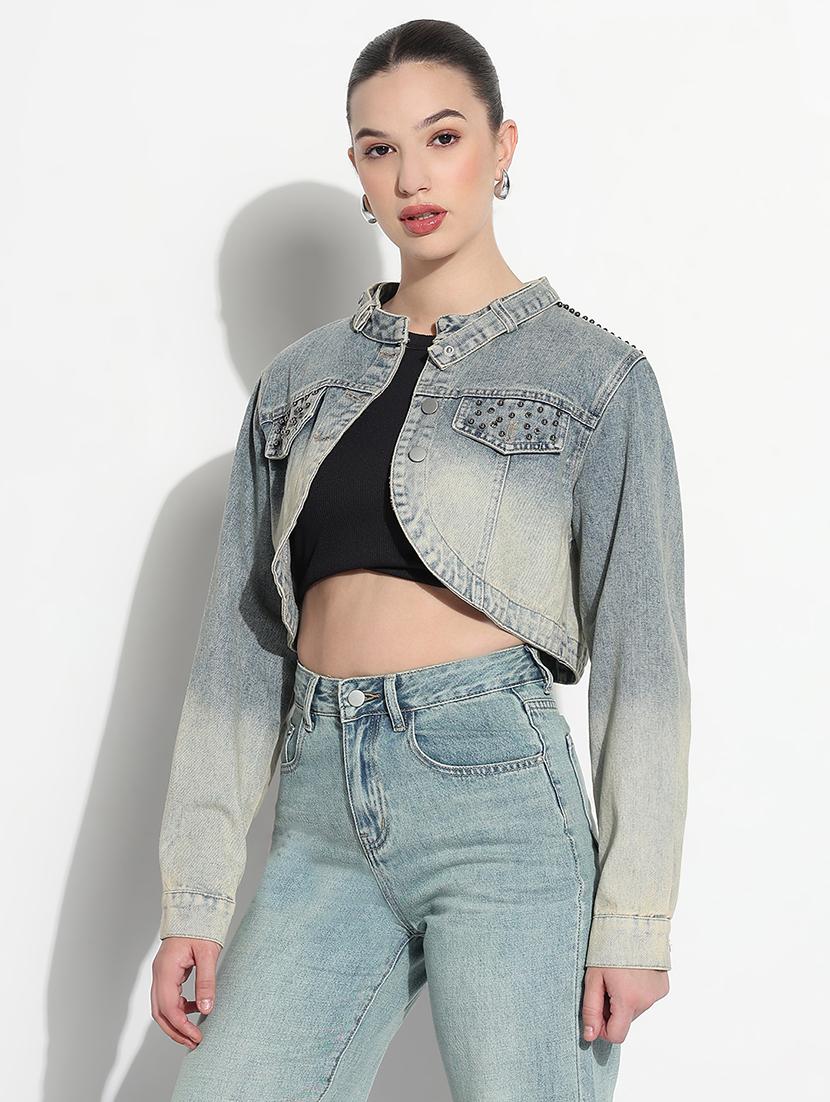women ombre print long sleeve crop denim jacket - 21979842 - Standard Image - 2