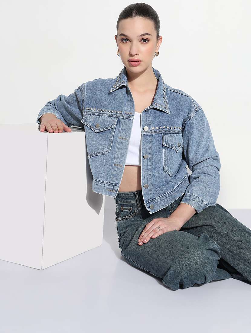 women embellished long sleeve crop denim jacket - 21979843 - Standard Image - 2