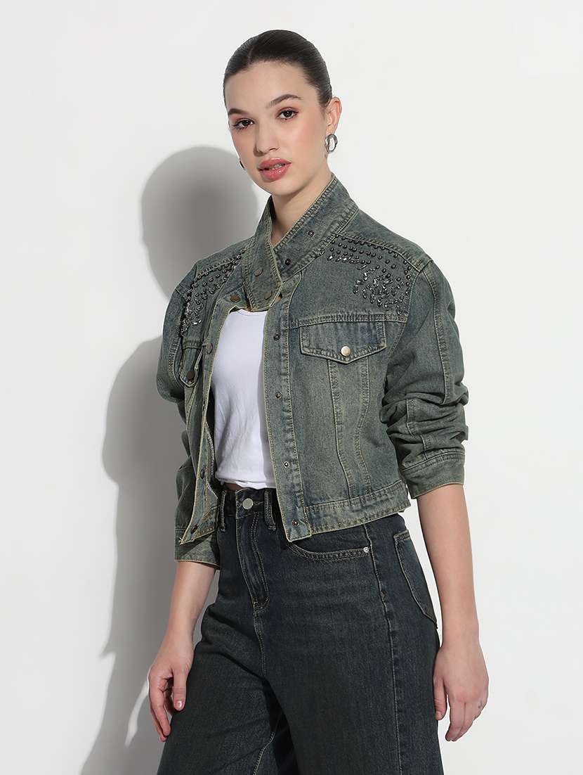 women embellished long sleeve crop denim jacket - 21979844 -  Standard Image - 2