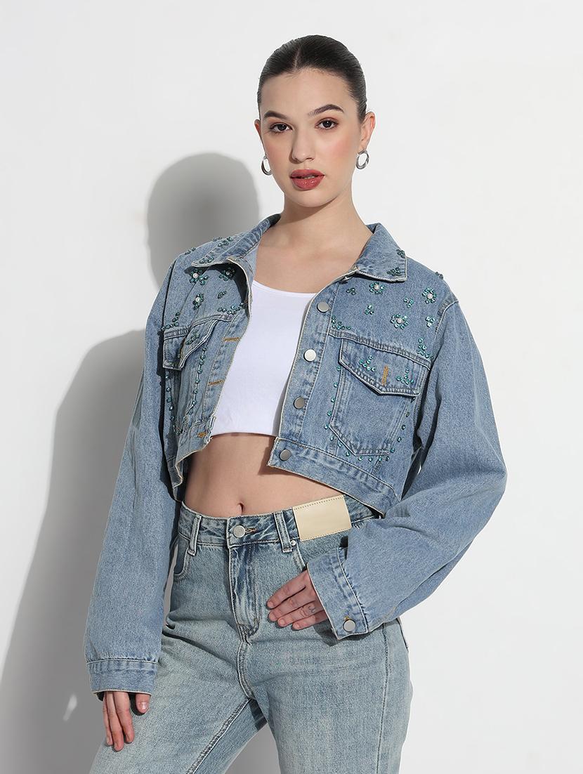 women embellished long sleeve crop denim jacket - 21979845 - Standard Image - 2