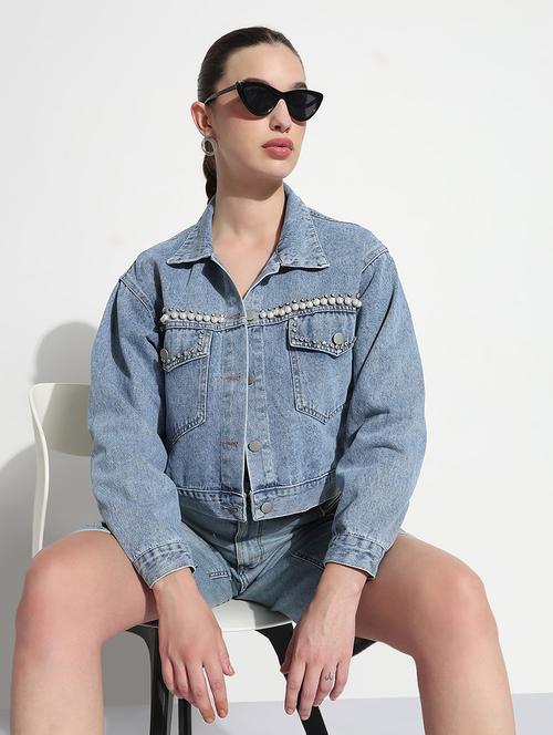 women embellished long sleeve crop denim jacket - 21979846 -  Standard Image - 0