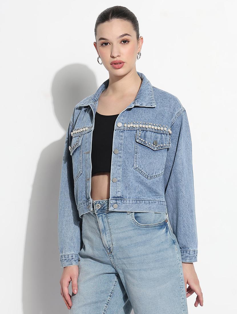 women embellished long sleeve crop denim jacket - 21979846 - Standard Image - 2