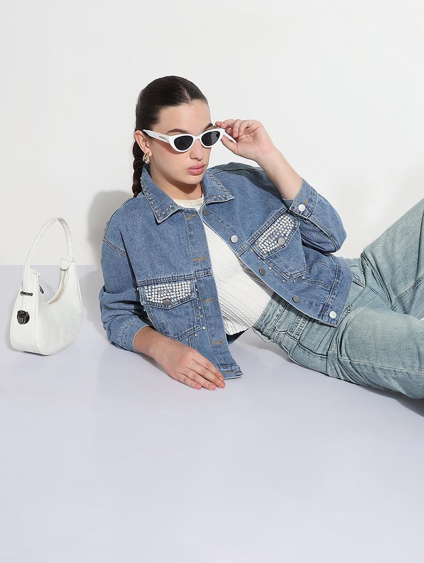 women embellished long sleeve crop denim jacket - 21979847 -  Zoom Image - 0
