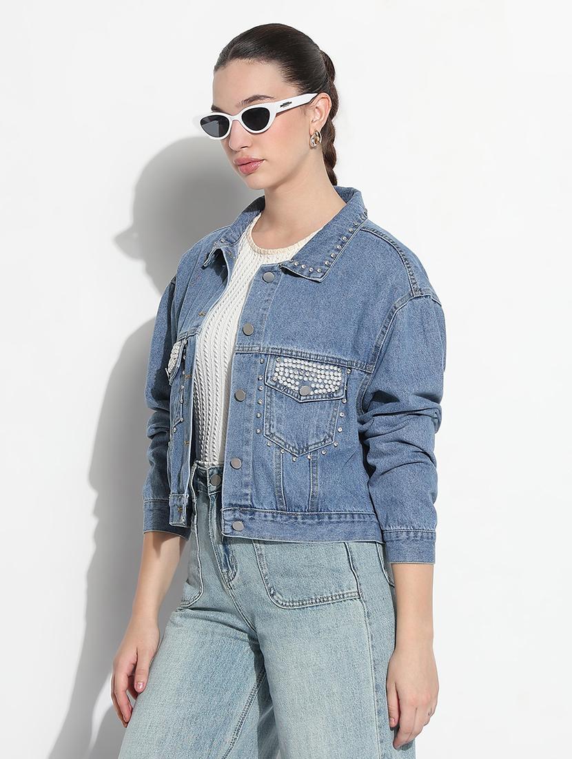 women embellished long sleeve crop denim jacket - 21979847 - Standard Image - 2