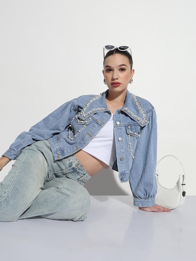 women embellished long sleeve crop denim jacket - 21979848 - Zoom Image - 0