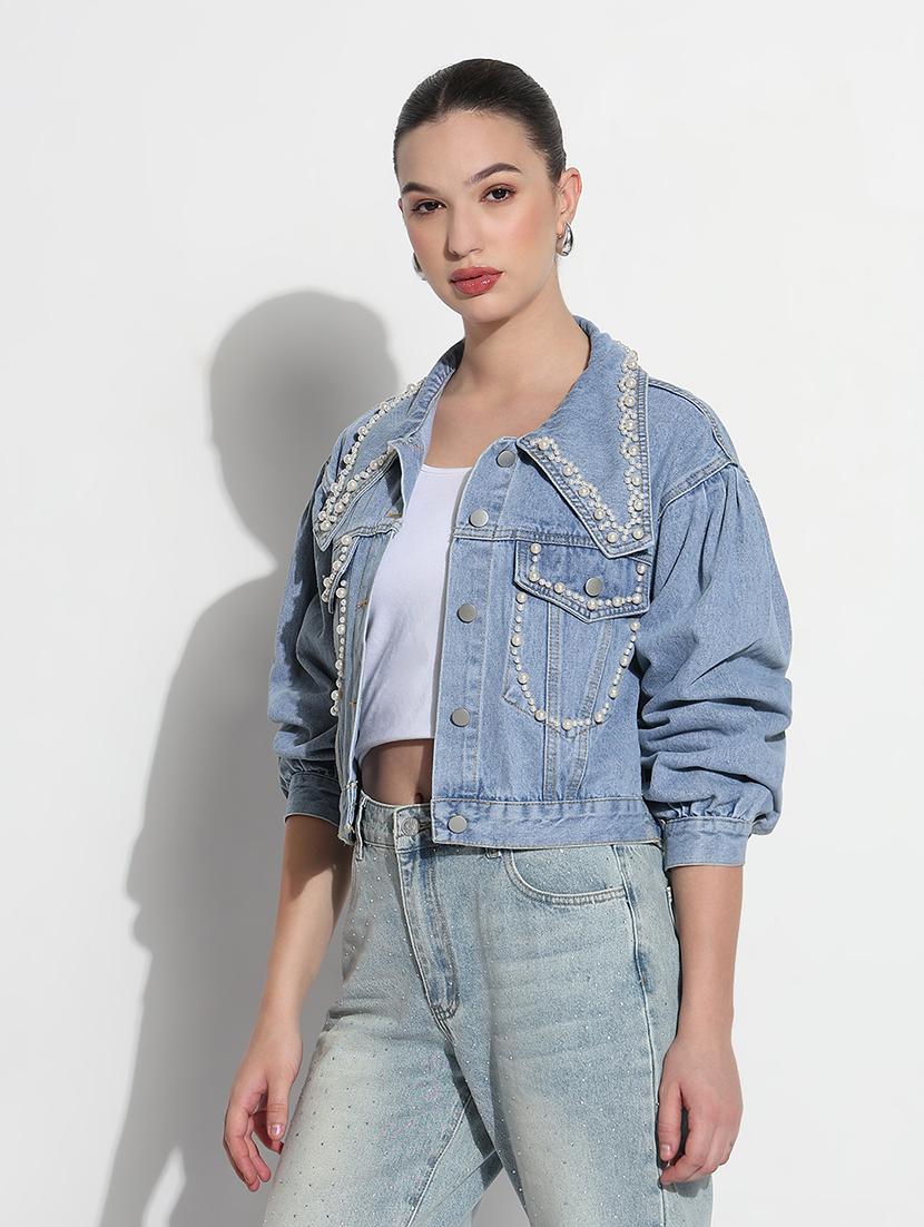 women embellished long sleeve crop denim jacket - 21979848 - Standard Image - 2