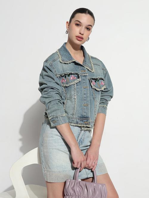 women embellished long sleeve crop denim jacket - 21979849 - Standard Image - 0