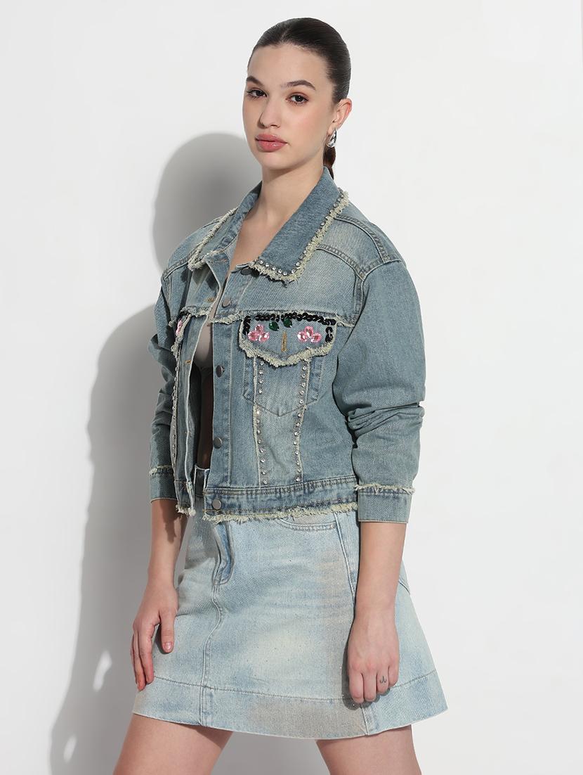 women embellished long sleeve crop denim jacket - 21979849 - Standard Image - 2