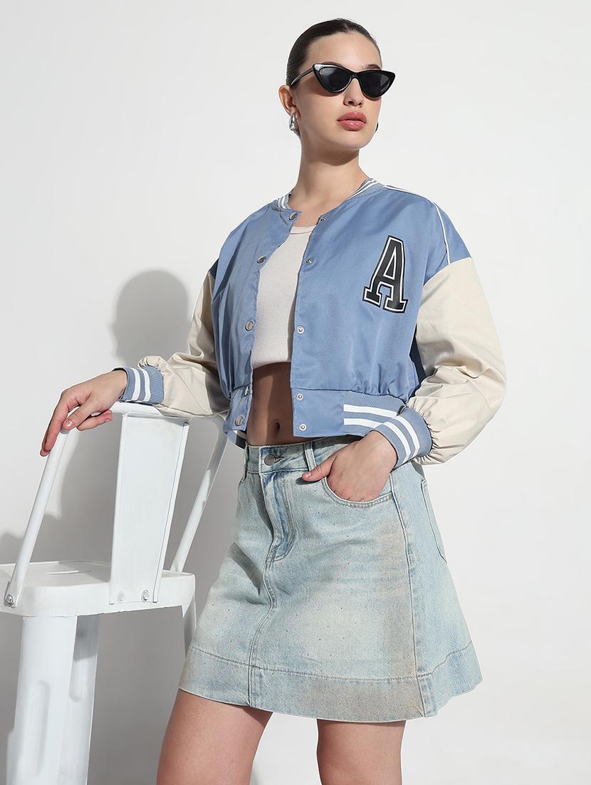women color blocked long sleeve crop varsity jacket - 21979852 - Zoom Image - 0