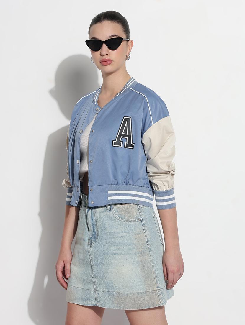 women color blocked long sleeve crop varsity jacket - 21979852 - Standard Image - 2