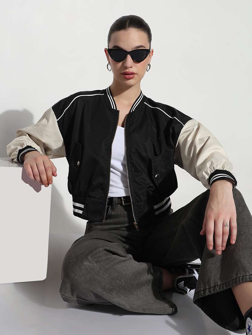 women color blocked long sleeve crop varsity jacket - 21979853 -  Standard Image - 2