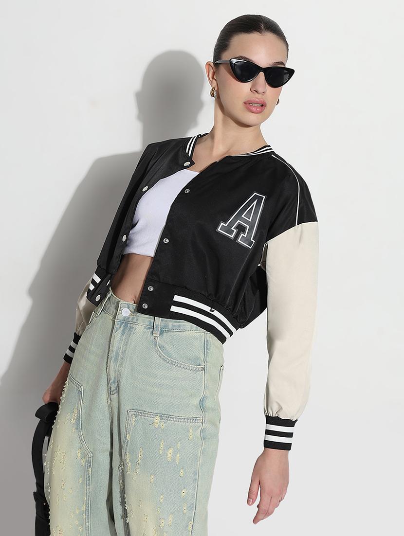 women color blocked long sleeve crop varsity jacket - 21979854 - Zoom Image - 0