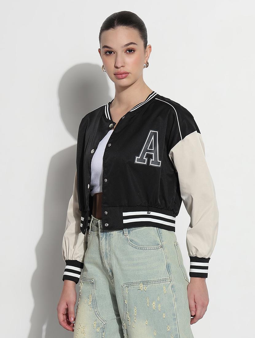 women color blocked long sleeve crop varsity jacket - 21979854 - Standard Image - 2