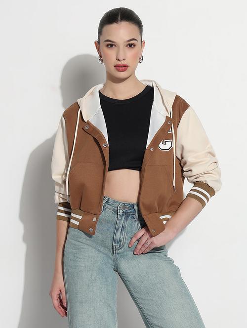 women color blocked hooded crop varsity jacket - 21979855 - Standard Image - 0