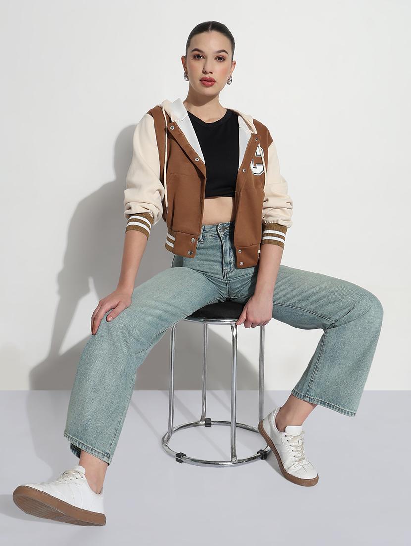 women color blocked hooded crop varsity jacket - 21979855 - Standard Image - 2