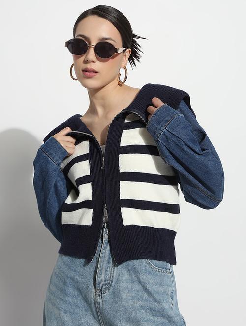 women striped long sleeve crop jacket - 21979857 - Standard Image - 0