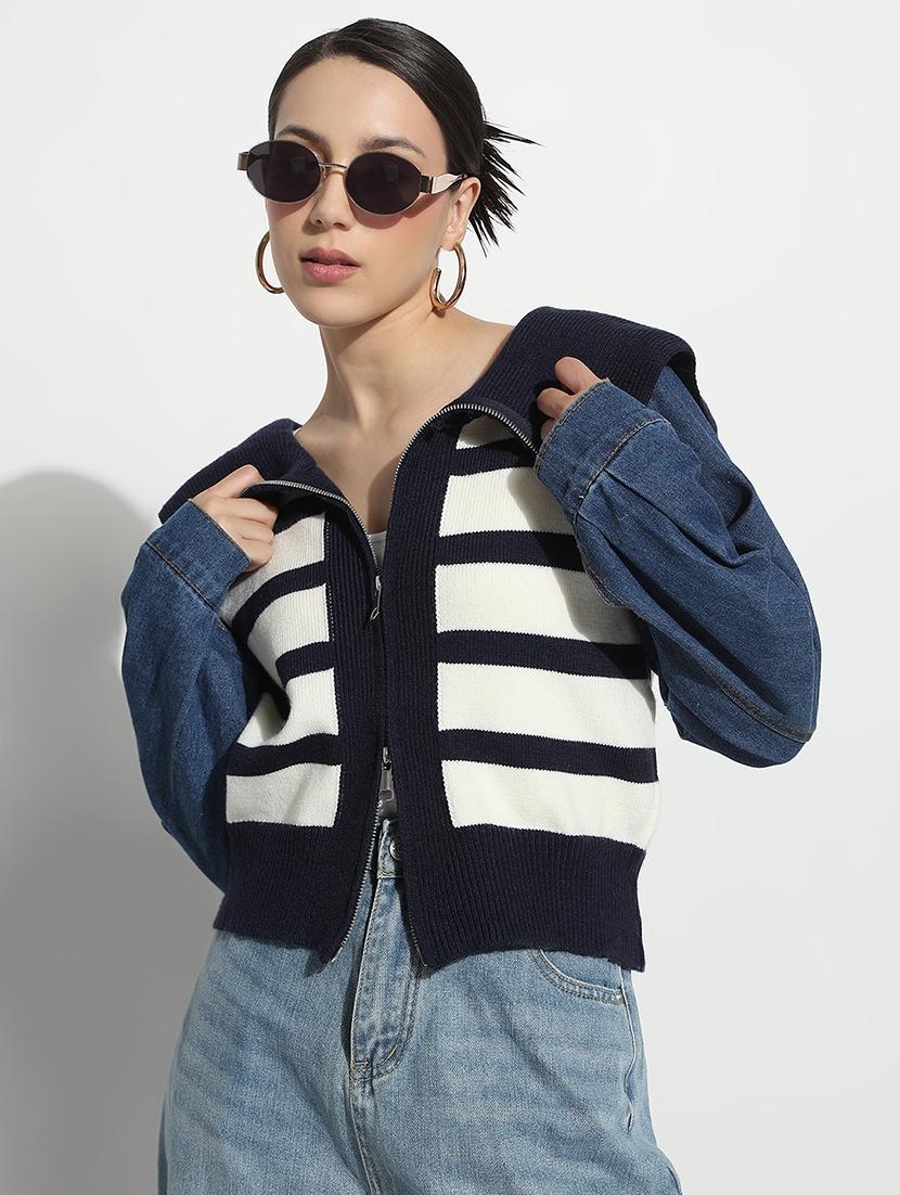 women striped long sleeve crop jacket - 21979857 - Zoom Image - 0