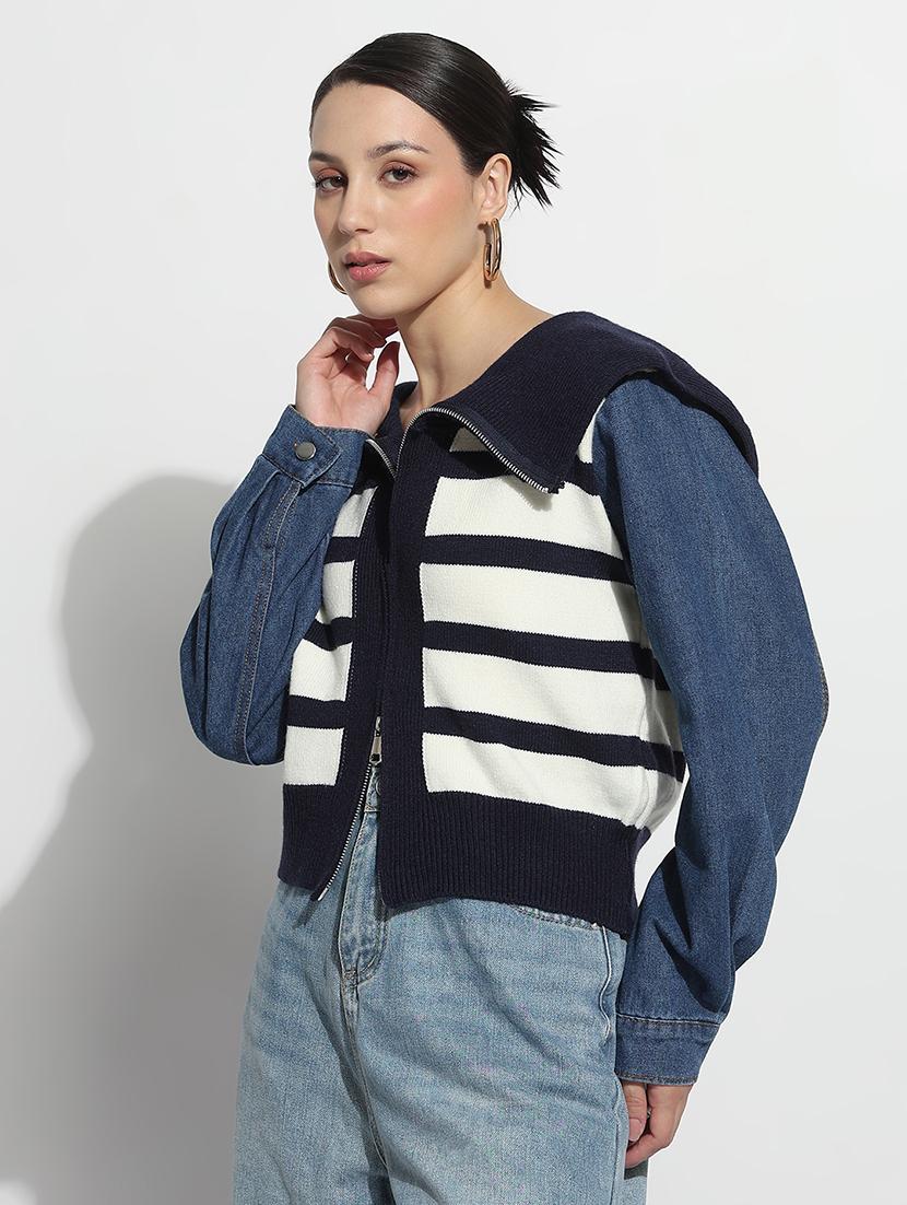 women striped long sleeve crop jacket - 21979857 - Standard Image - 2