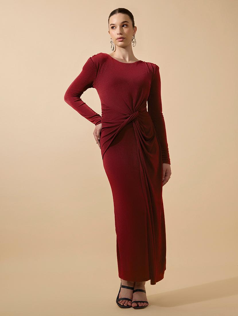 women solid draped knot sheath maxi dress - 21979859 -  Zoom Image - 0