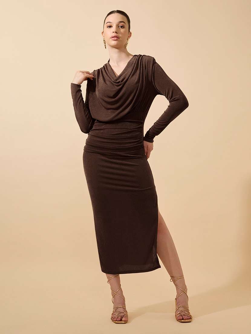 women solid cowl neck long sleeve bodycon dress