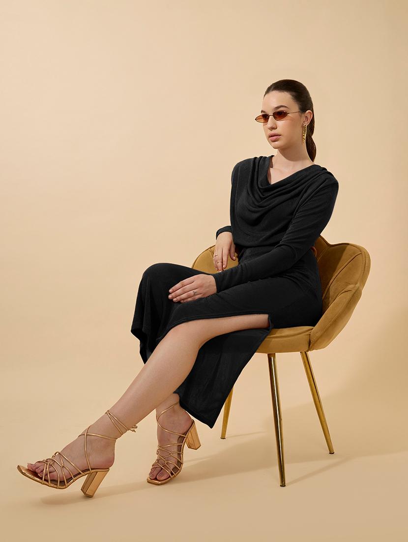 women solid long sleeve cowl neck bodycon dress