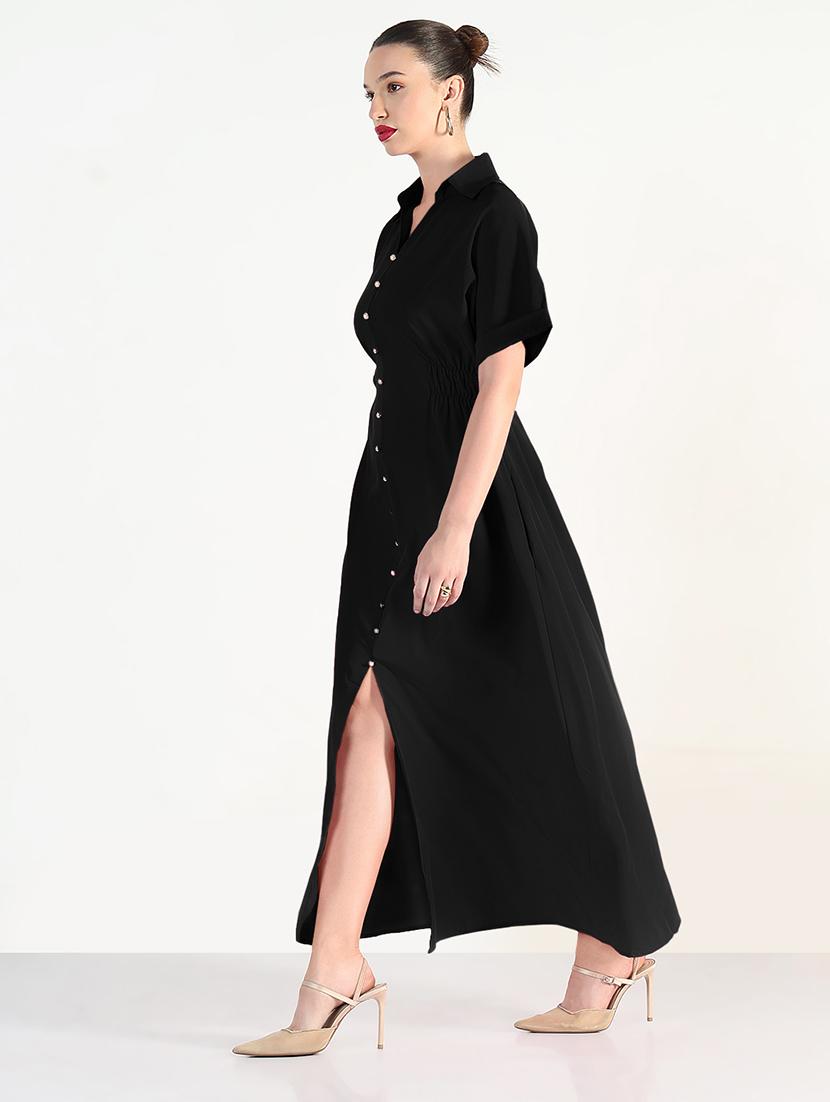 women black solid collared maxi shirt dress - 21979869 - Standard Image - 2