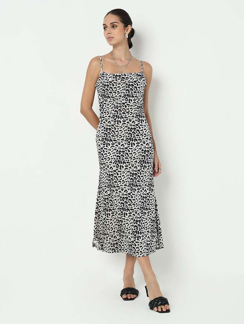 women animal print shoulder strap a-line dress