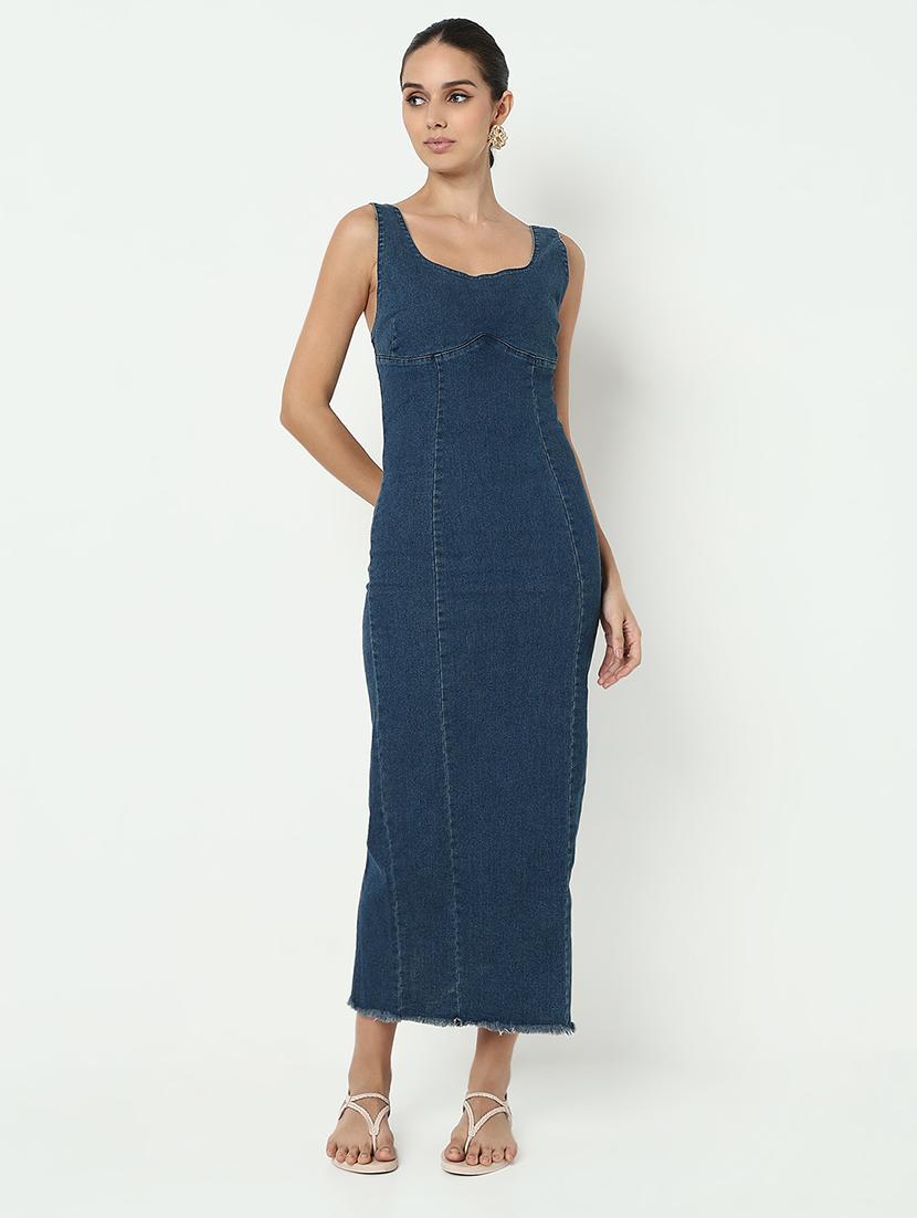 women solid sleeveless denim bodycon dress - 21979889 - Standard Image - 2
