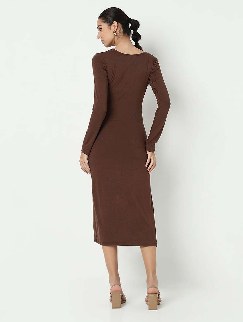 women brown solid long sleeve bodycon dress - 21979892 - Standard Image - 2