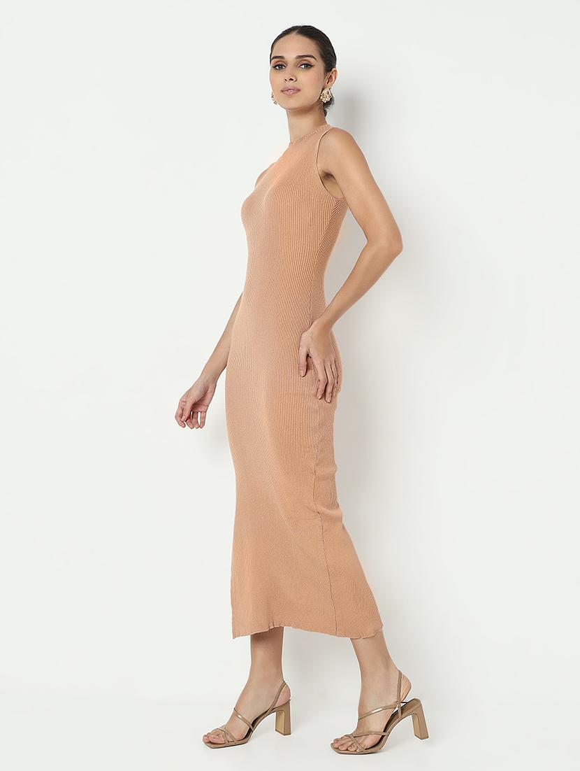 women peach solid sleeveless bodycon dress - 21979894 - Standard Image - 2