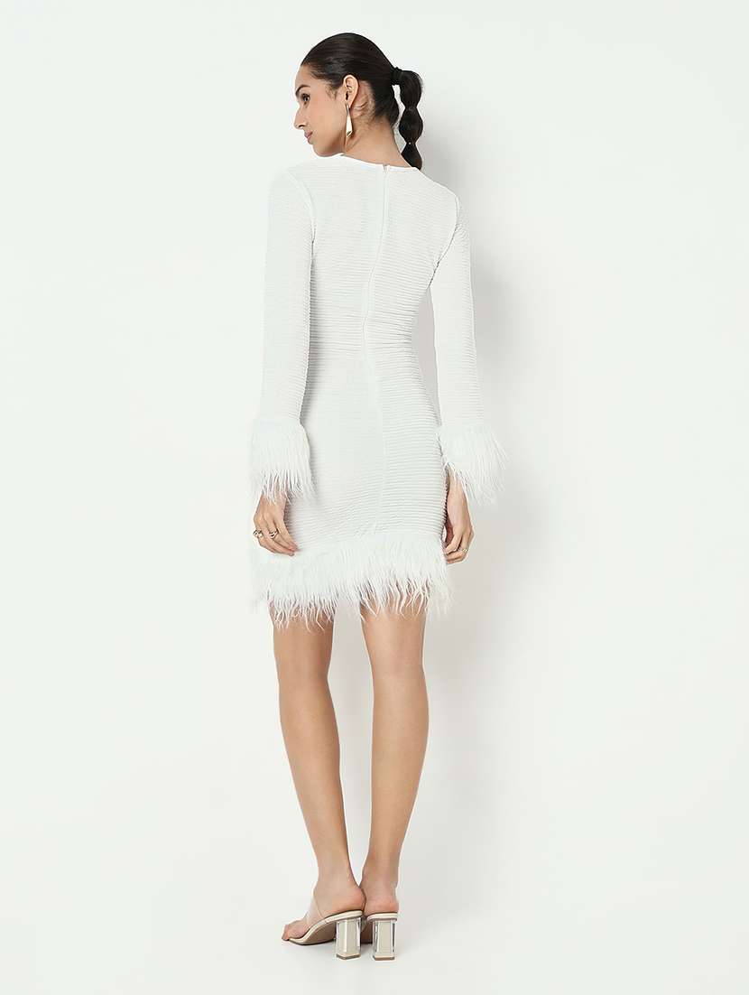 women solid long sleeve fur detailed bodycon dress - 21979895 - Standard Image - 2