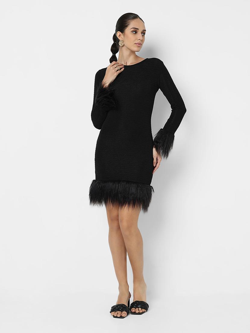 women solid long sleeve fur detailed bodycon dress - 21979896 -  Zoom Image - 0