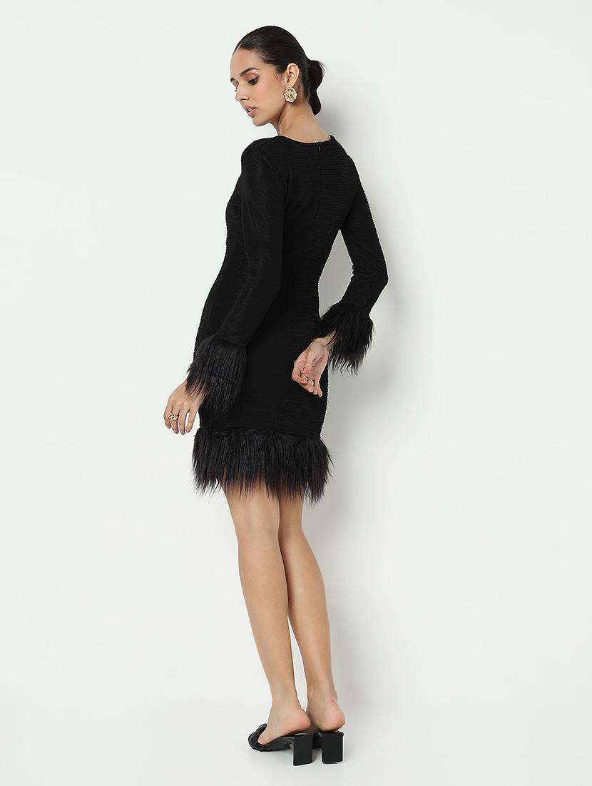 women solid long sleeve fur detailed bodycon dress - 21979896 - Standard Image - 2