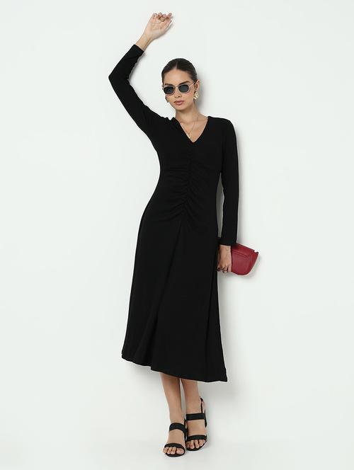 women black solid long sleeve a-line dress - 21979897 - Standard Image - 0