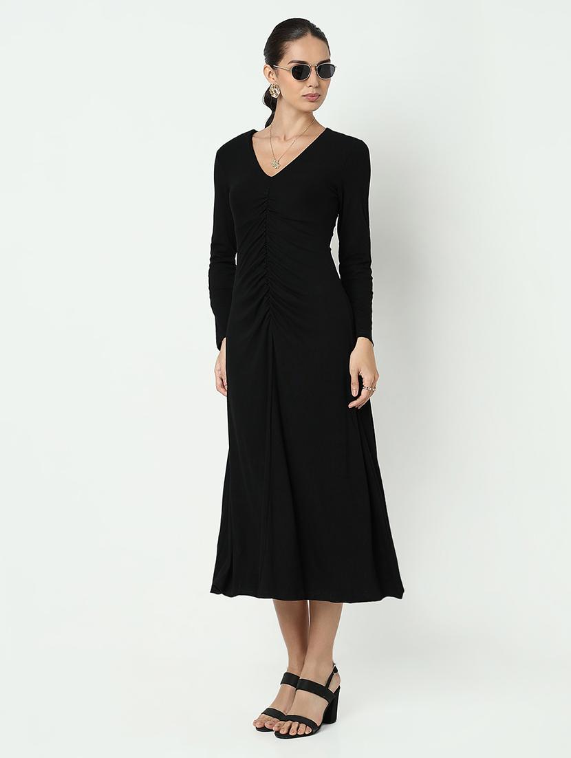 women black solid long sleeve a-line dress - 21979897 - Standard Image - 2