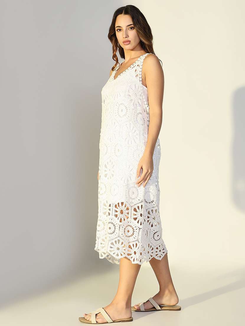 women self designed sleeveless crochet a-line dress - 21979900 - Standard Image - 2