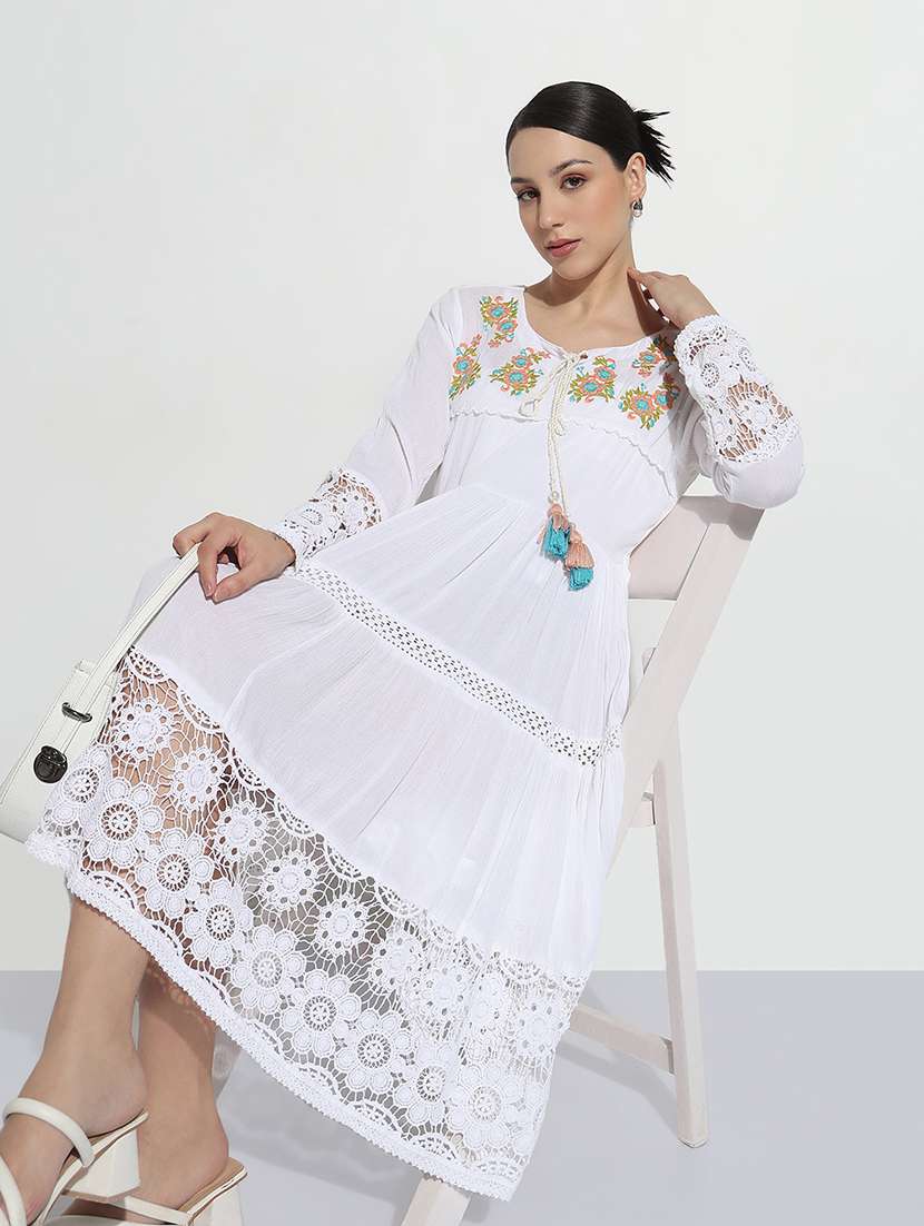 women white embroidered tie-up neck tiered dress
