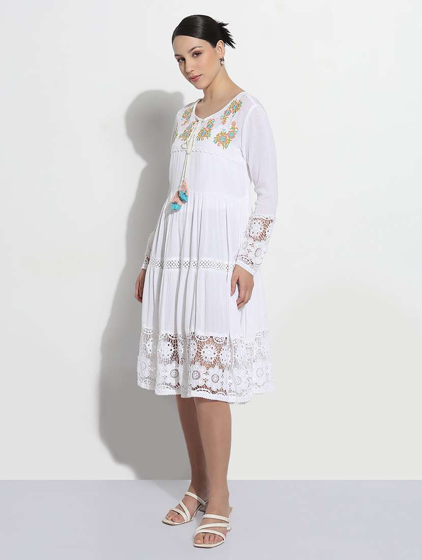 women white embroidered tie-up neck tiered dress - 21979902 -  Standard Image - 2