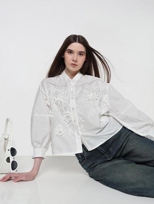 women embroidered puff sleeve relaxed fit shirt - 21979912 - Standard Image - 0