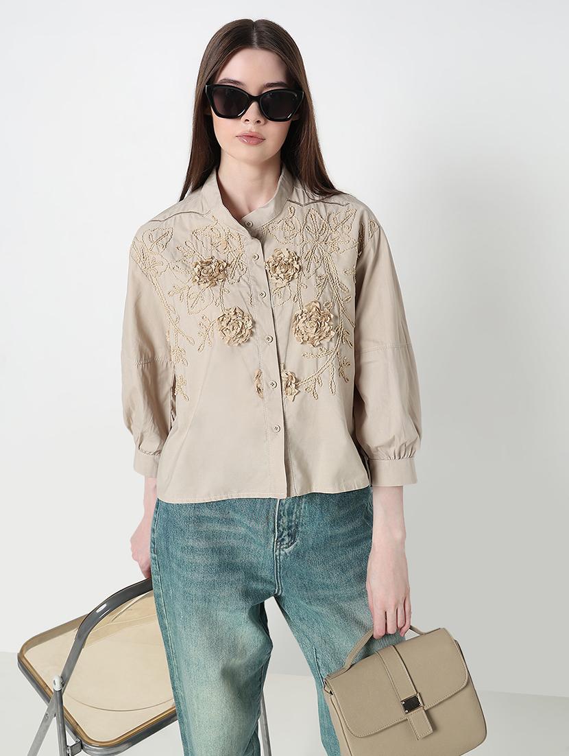 women embroidered puff sleeve regular fit shirt - 21979913 - Standard Image - 2