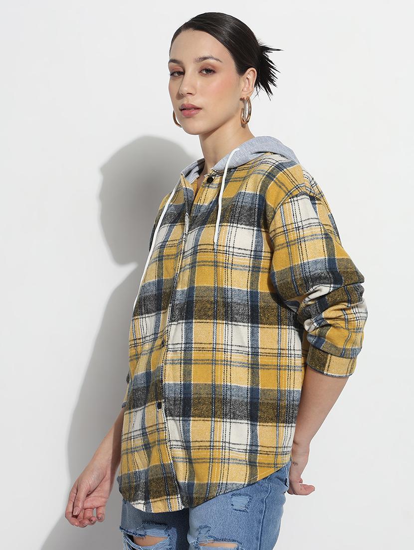 women checkered long sleeve hooded shirt - 21979933 - Standard Image - 2