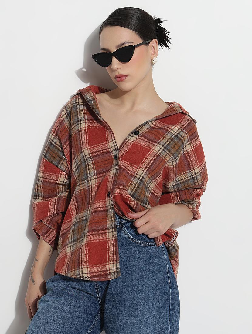 women checkered long sleeve collared oversized shirt