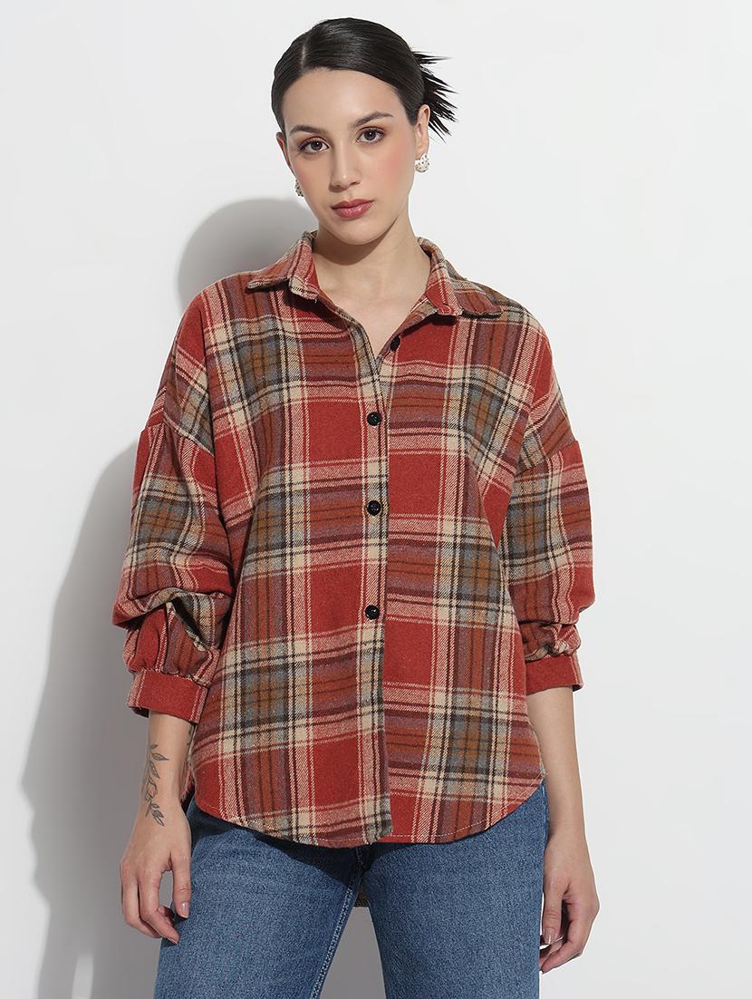 women checkered long sleeve collared oversized shirt - 21979941 - Standard Image - 2