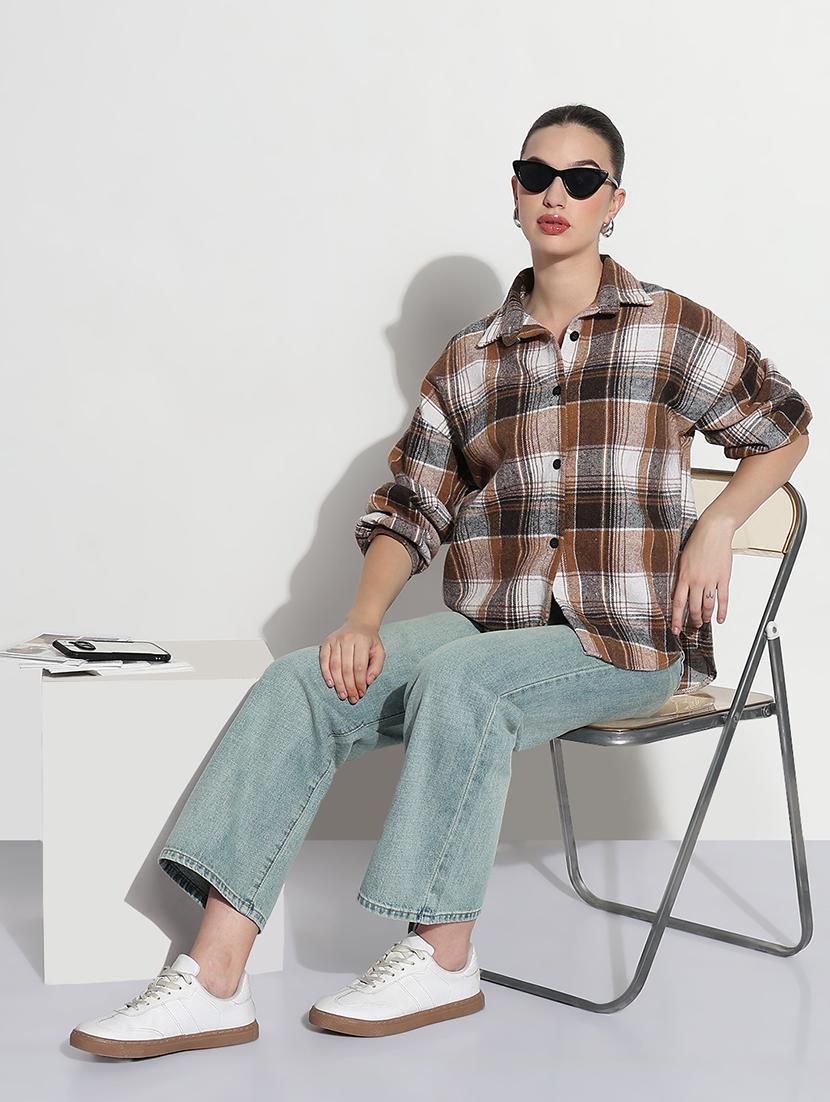women checkered long sleeve collared oversized shirt