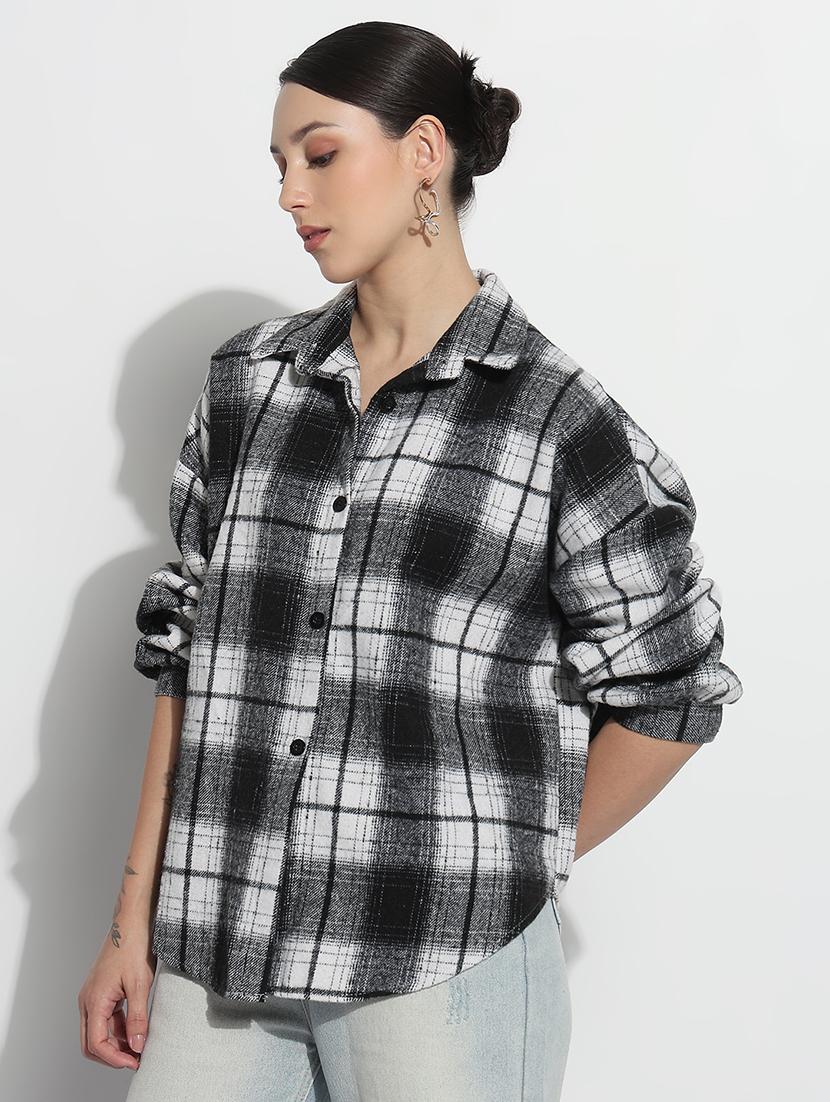 women checkered long sleeve collared oversized shirt - 21979944 - Standard Image - 2